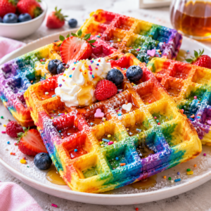 Regenbogenwaffeln mit Beeren und Sirup