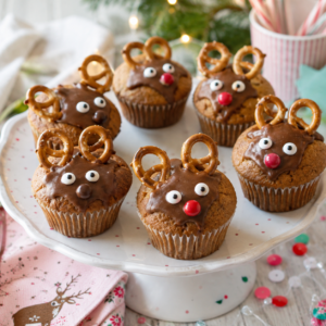 Rentier Muffins für Weihnachten mit Brezel Geweih