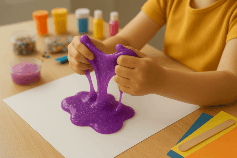 Schleim selber machen, Kind mit Glitzerschleim