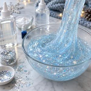 Eisblauer transparenter Weihnachtsschleim mit Glitzer