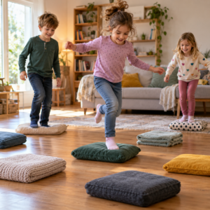 Insel-Hüpfen als Bewegungsspiel für Kinder drinnen