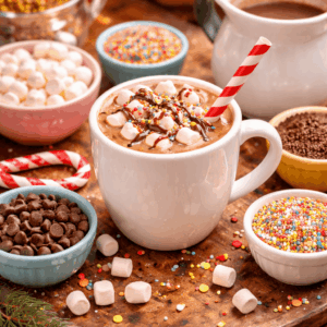 Kinder-Kakao mit kleiner Topping-Bar