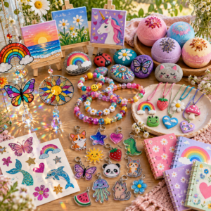 Schrumpffolie-Anhänger, Perlen-Armbänder, Fimo-Anhänger, Glitzer-Tattoos, Mini-Leinwände, bemalte Steine, Sonnenfänger, Badebomben und Mini-Notizbücher als kreative Bastelideen für Kinder.