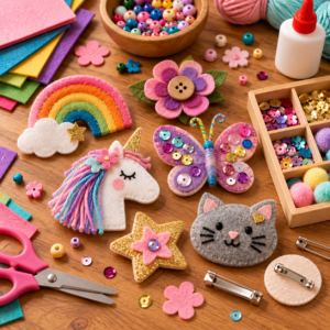 Bunte DIY-Broschen auf dem Basteltisch