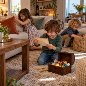 Schatzsuche in der Wohnung beim Kindergeburtstag bei Regen