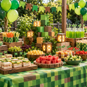 Pixel-Buffet für einen Kindergeburtstag mit grüner Deko und Snacks