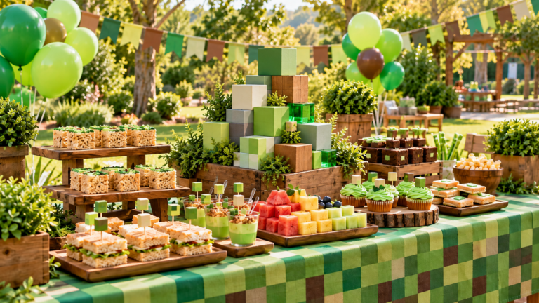 Kindergeburtstag für Minecraft-Fans mit Pixel-Deko und Partybuffet