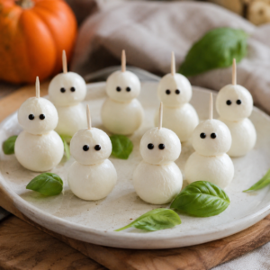 Mozzarella Geister als Halloween Käsespieße