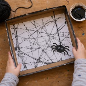Halloween basteln Spinnennetz mit Wolle im Deckel