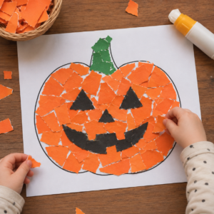 Halloween basteln Zerrissenes Papier als Kürbis-Collage