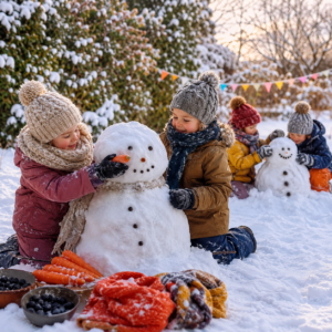 Schneemann bauen beim Kindergeburtstag im Winter
