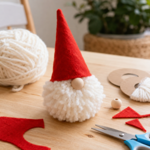 Pompon Wichtel aus Wolle mit Filzmütze