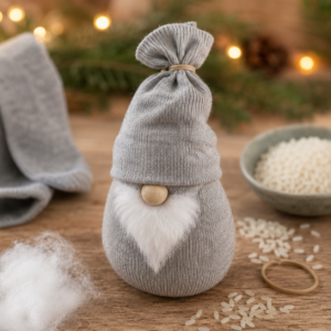 Socken Wichtel mit Filzmütze und Holzperle