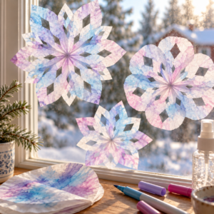 Bunte Schneeflocken am Winterfenster
