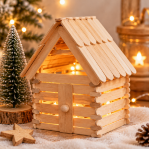 Gemütliches Miniatur-Holzhäuschen aus Eisstielen im Winterlicht