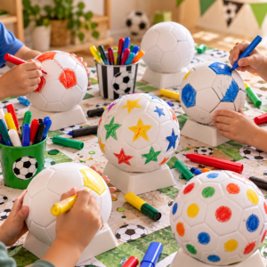Kinder gestalten bunte Fußbälle