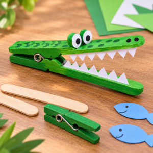 Krokodil mit Papierfischen aus Eisstielen