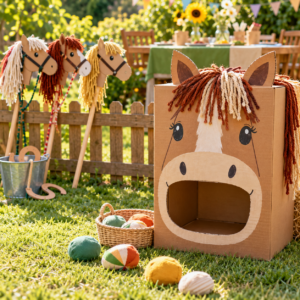 Pony füttern das Wurfspiel mit dem Kartonpferd