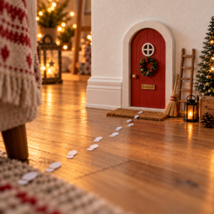 Weihnachtliche Wichteltür mit Fußspuren
