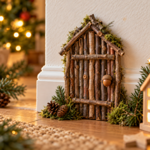 Wichteltür aus Holz und Zweigen