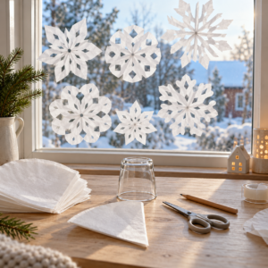 Winterliches Basteln am Fenster Schneeflocken